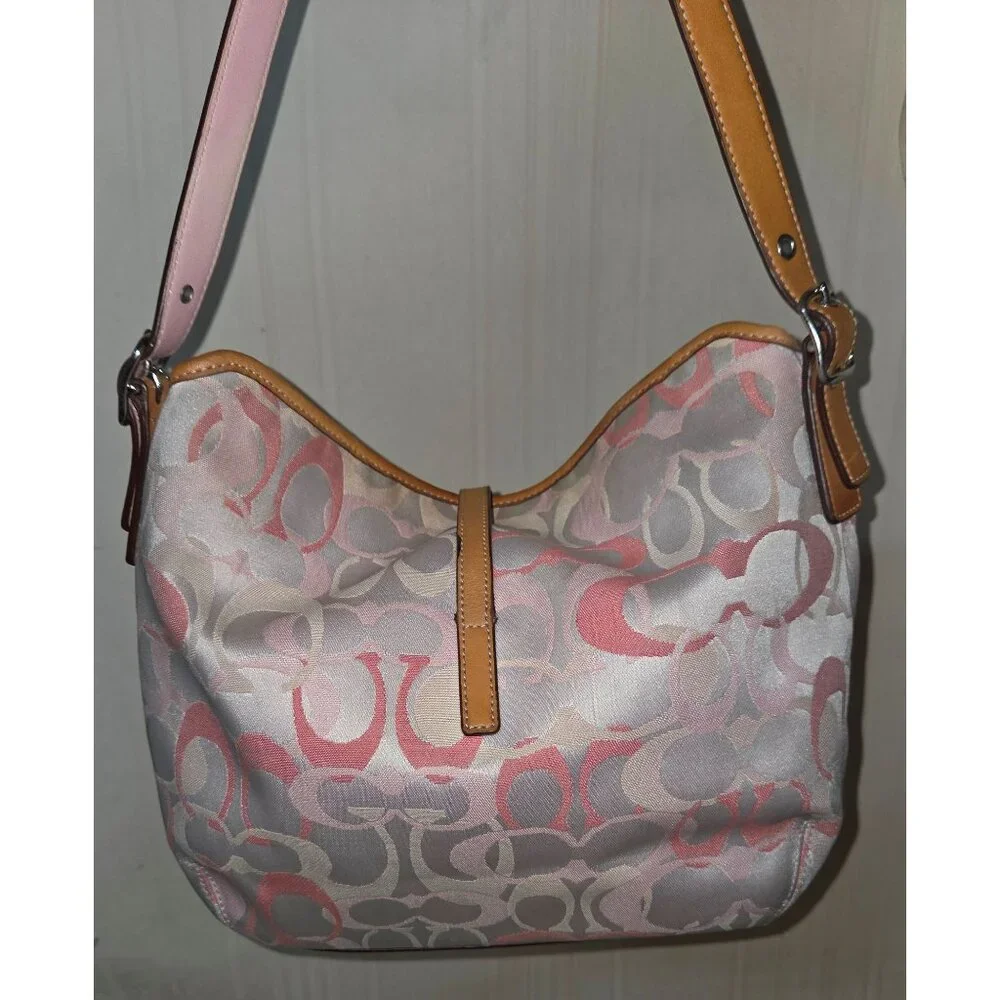 COACH Signature Canvas Shoulder Hand Bag purse with Leather Trim One Strap 7028 - Picture 7 of 12